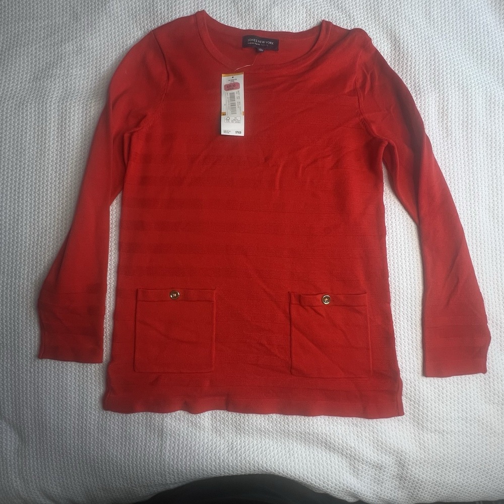 Jones New York Women's Fire Red Long Sleeve Top with Front Pockets Size Petite S